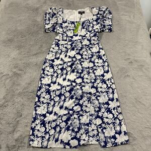 Sam Edelman Dress Womens Size 6 Blue White Floral Puff Sleeve Midi Sundress New